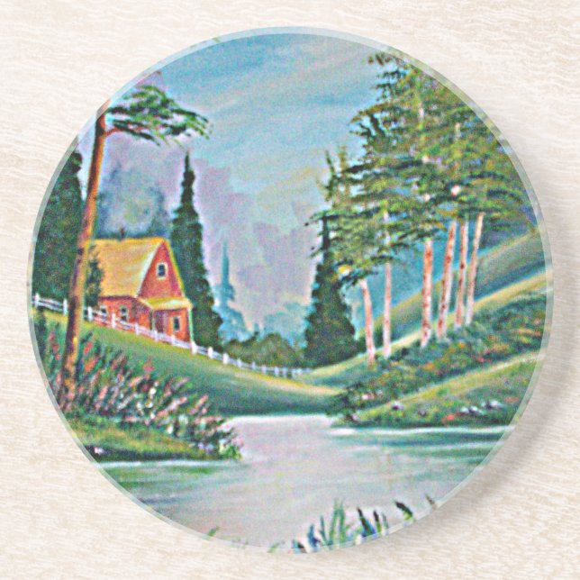 Cabin by the Stream Oil Painting Coaster (Front)
