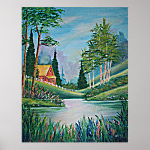 Cabin by the Stream Oil Painting Framed Print
