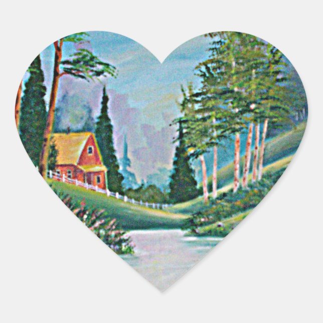 Cabin by the Stream Oil Painting Heart Sticker (Front)