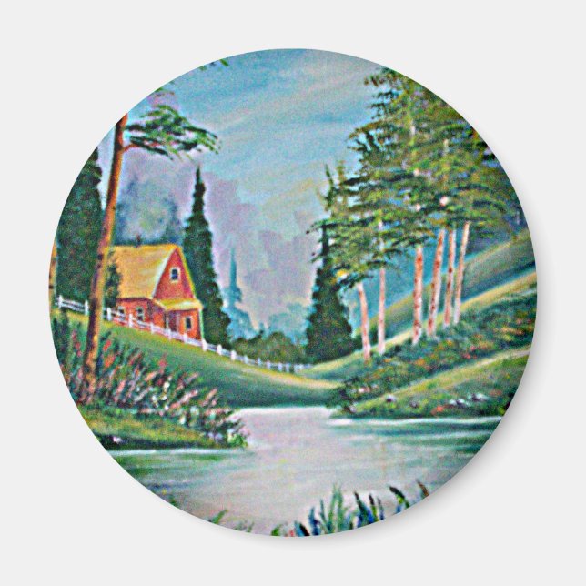 Cabin by the Stream Oil Painting Magnet (Front)