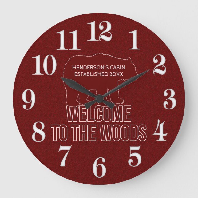 Cabin Established Date Woodland Bear in Red Large Clock (Front)