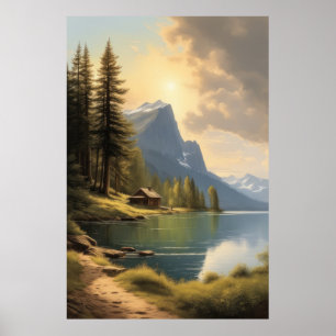 cabin facing a lake near the mountains poster