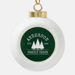 Cabin Family Name Forest Green  Ceramic Ball Christmas Ornament