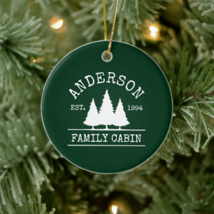 Cabin Family Name Forest Green Ceramic Ornament