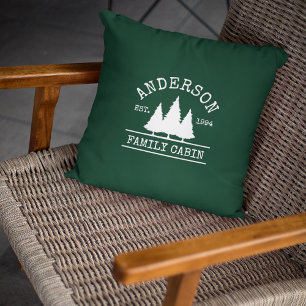 Cabin Family Name Forest Green Cushion