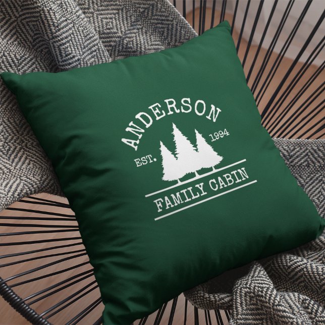 Cabin Family Name Forest Green Cushion (Customize to change text size or text style.)