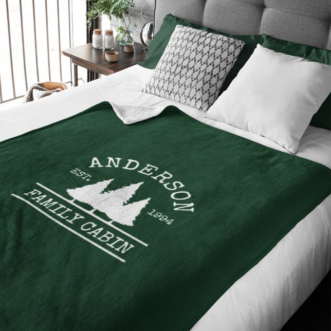Cabin Family Name Forest Green Fleece Blanket (Customize to change text size or text style. Choose from different sizes of blankets.)