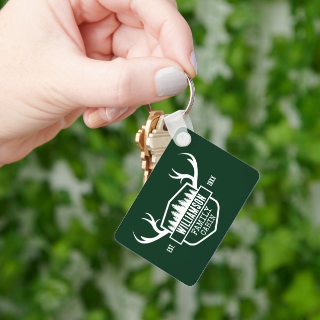 Cabin Family Name Forest Green Key Ring (Hand)