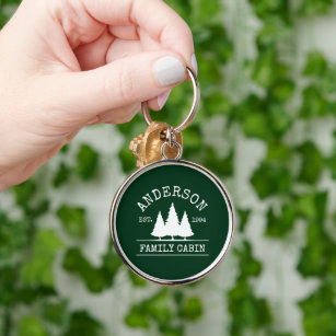 Cabin Family Name Forest Green Round Key Ring