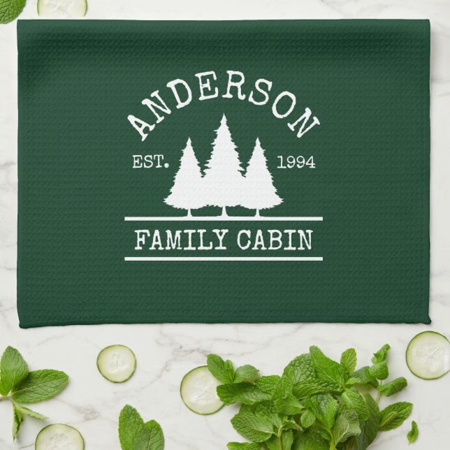 Cabin Family Name Forest Green Tea Towel (Folded)