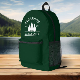 Cabin Family Name Forest Green with Pines Printed Backpack