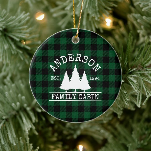 Cabin Family Name Green Buffalo Plaid Ceramic Ornament (Tree)