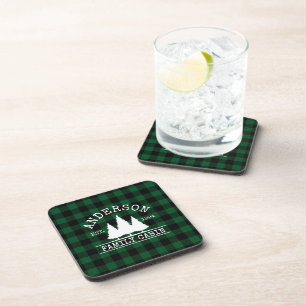 Cabin Family Name Green Buffalo Plaid Coaster
