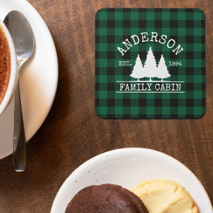 Cabin Family Name Green Buffalo Plaid Square Paper Coaster