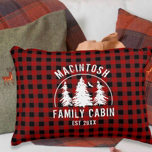 Cabin Family Name Red Black Buffalo Plaid Decorative Cushion