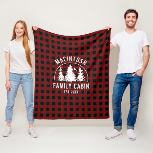 Cabin Family Name Red Black Buffalo Plaid Fleece Blanket