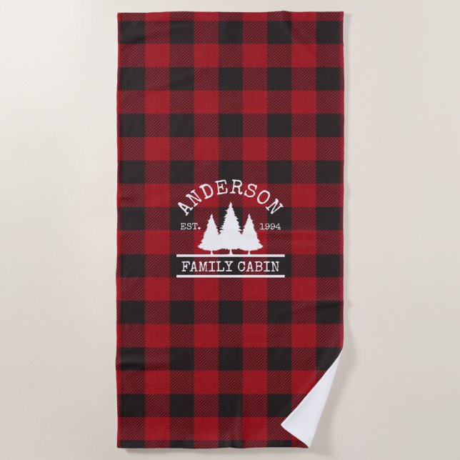 Cabin Family Name Red Buffalo Plaid Beach Towel (Front)