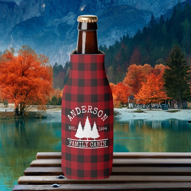 Cabin Family Name Red Buffalo Plaid Bottle Cooler (Customize to change text size or text style.)