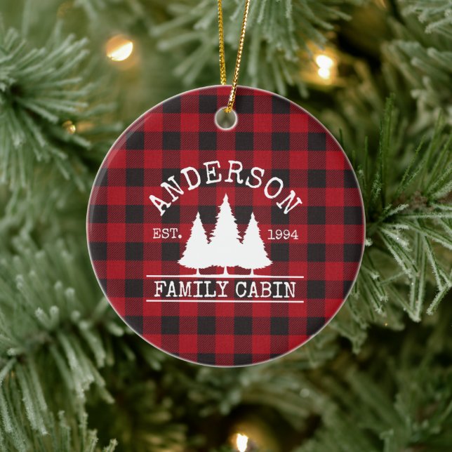 Cabin Family Name Red Buffalo Plaid Ceramic Ornament (Tree)