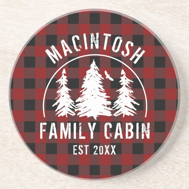 Cabin Family Name Red Buffalo Plaid Coaster (Front)