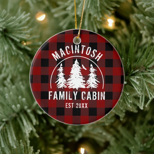 Cabin Family Name Red Buffalo Plaid Commemorative Ceramic Ornament (Tree)