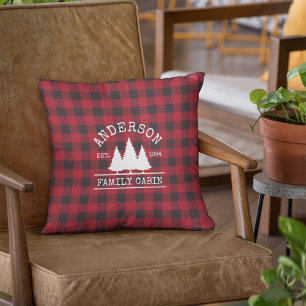 Cabin Family Name Red Buffalo Plaid Cushion