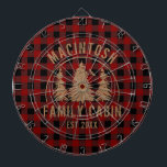 Cabin Family Name Red Buffalo Plaid Dart Board<br><div class="desc">Create a personalised dartboard featuring rustic red and black buffalo check plaid and an image of forest pine trees in the woods with your custom text in brown (shown with NAME FAMILY CABIN and year established date). All text is editable. Ideal for a family cabin, mountain lodge, lake house or...</div>