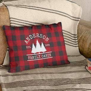 Cabin Family Name Red Buffalo Plaid Decorative Cushion