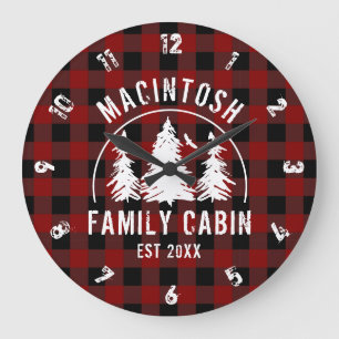 Cabin Family Name Red Buffalo Plaid Large Clock