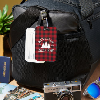 Cabin Family Name Red Buffalo Plaid Luggage Tag