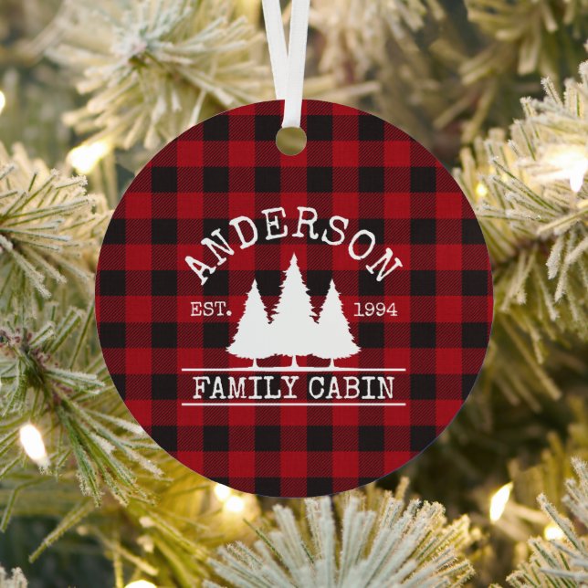 Cabin Family Name Red Buffalo Plaid Metal Tree Decoration (Insitu)