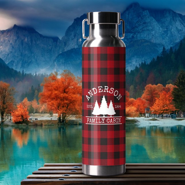 Cabin Family Name Red Buffalo Plaid Water Bottle (Customize to change text size or text style.)