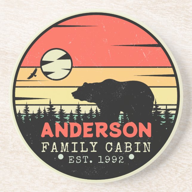 Cabin Family Name Retro Pine Trees Bear Souvenir Coaster (Front)