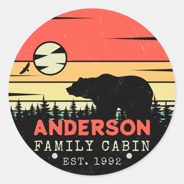 Cabin Family Name Retro Pine Trees Bear Souvenirs Classic Round Sticker (Front)