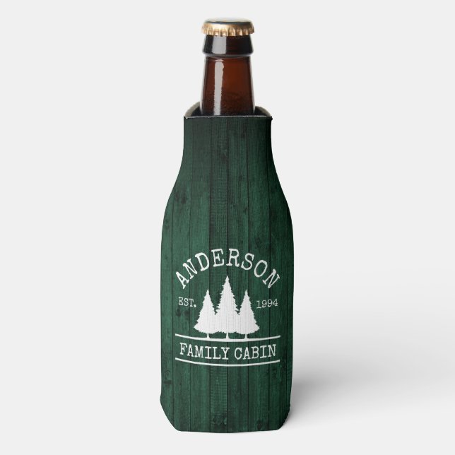 Cabin Family Name Rustic Green Wood Forest Bottle Cooler (Bottle Front)