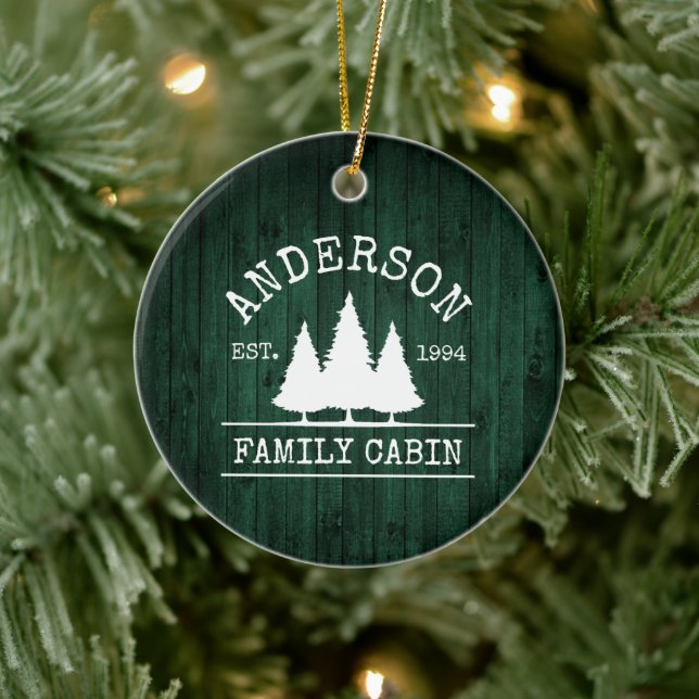 Cabin Family Name Rustic Green Wood Forest Ceramic Ornament (Tree)