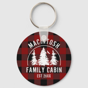 Cabin Family Name Rustic Red Buffalo Plaid Key Ring