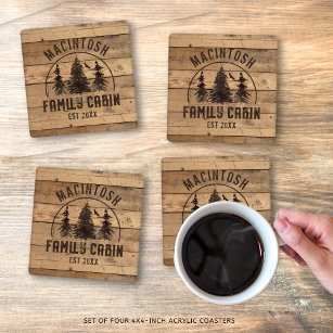 Cabin Family Name Rustic Wood Personalised Coaster Set