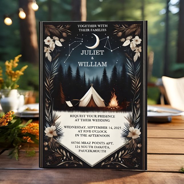 Cabin Forest Wood Sky Tree Fire Camping Wedding Invitation (Creator Uploaded)