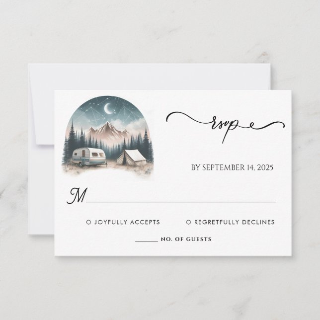 Cabin Forest Wood Sky Tree Fire Camping Wedding RSVP Card (Front)