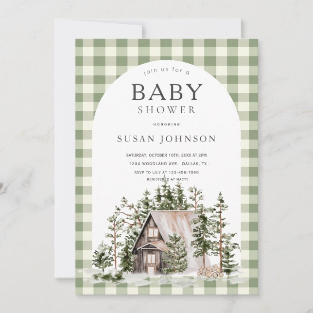 Cabin Forest Woodland Green Check Baby Shower Invitation (Front)