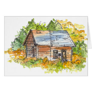 Cabin House Autumn Trees Pen and Ink Sketch
