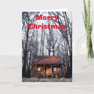 Cabin In Mountains Merry Christmas Card