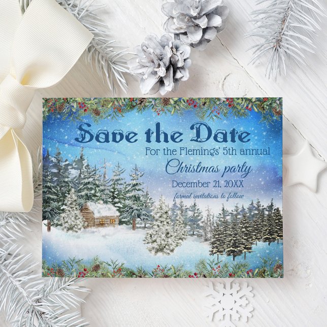 Cabin in Snow Woods Christmas Save the Date Announcement Postcard (Creator Uploaded)