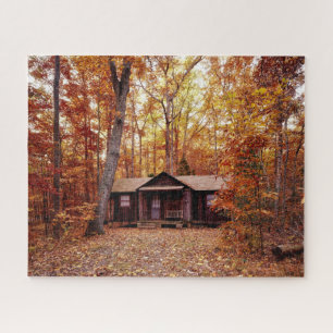 Cabin in the Fall Colored Woods Jigsaw Puzzle