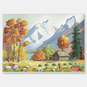 Cabin in the mountains autumn colors. painting. magnet