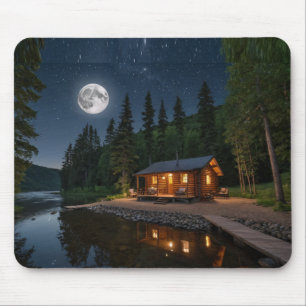 Cabin in the woods at night mouse pad