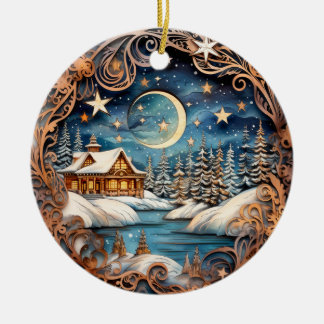 Cabin In The Woods Winter Night Ceramic Ornament