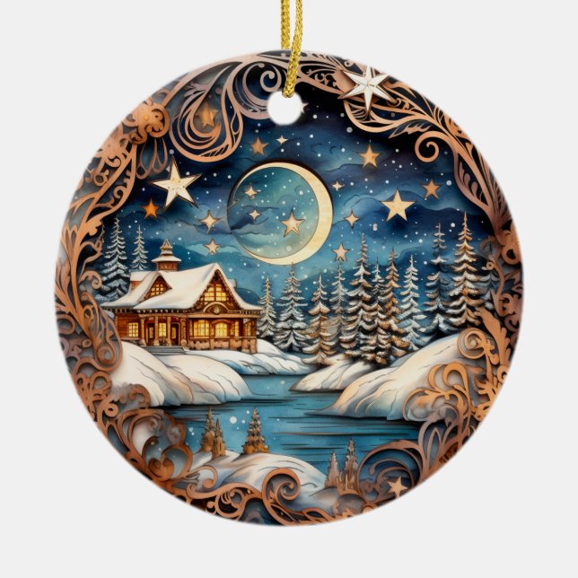 Cabin In The Woods Winter Night Ceramic Ornament (Front)
