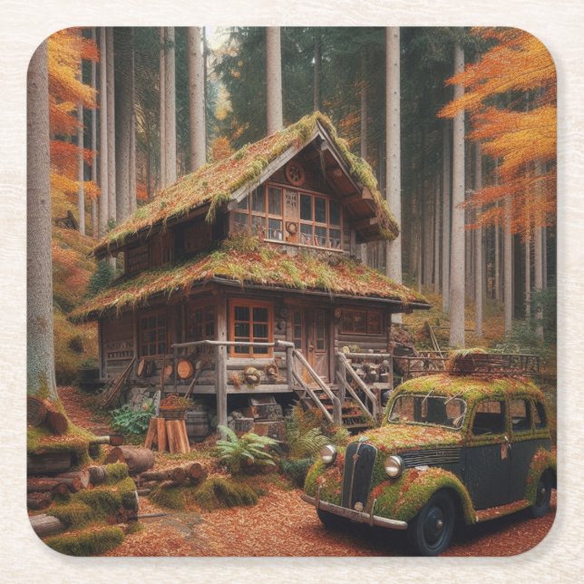 Cabin in the Woods with an Antique Automobile Square Paper Coaster (Front)
